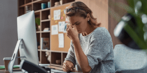 Femme ressentant de la fatigue et du stress au travail, se tenant le front, devant un ordinateur dans un environnement de bureau, illustrant les impacts de la fatigue chronique.