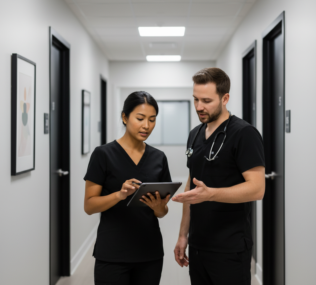 Infirmière et médecin en consultation, utilisant une tablette dans un couloir de clinique, symbolisant les services de télémédecine de la Clinique Omicron.