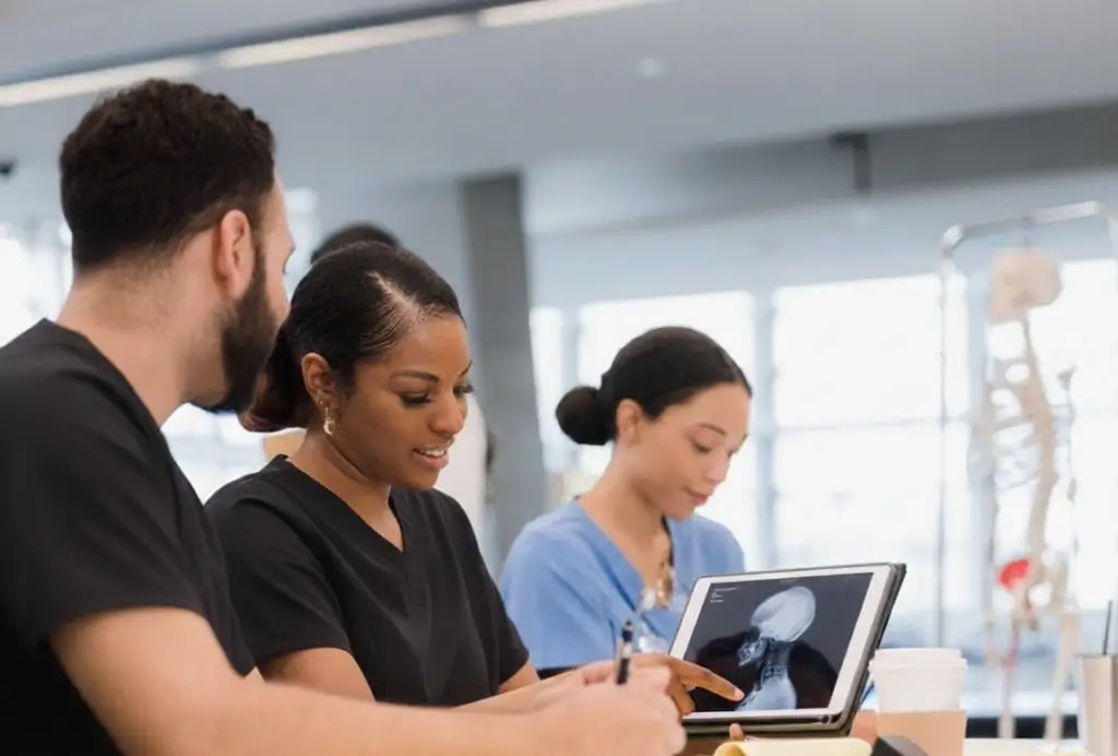Infirmi&egrave;res en formation, &eacute;tudiant des radiographies sur une tablette, discutant des comp&eacute;tences en soins de sant&eacute; pour les communaut&eacute;s &eacute;loign&eacute;es.