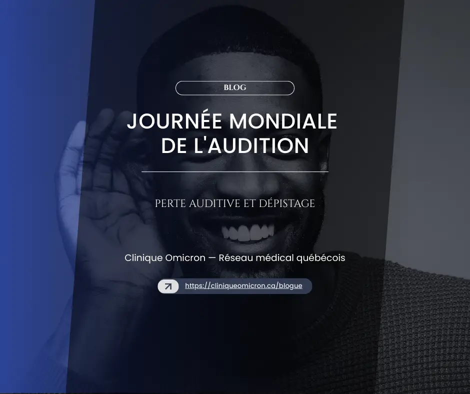 Homme souriant se tenant l'oreille, illustrant la sensibilisation à la perte auditive pour la Journée mondiale de l'audition, Clinique Omicron.