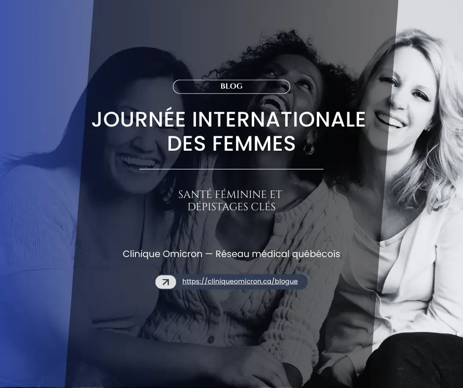 Femmes souriantes célébrant la Journée internationale des femmes, mettant en avant la santé féminine et les dépistages clés à la Clinique Omicron.