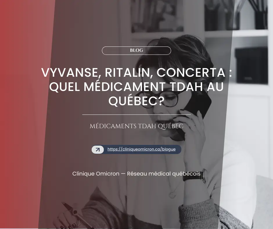 Woman on phone with notebook, discussing ADHD medications such as Vyvanse, Ritalin and Concerta, Clinique Omicron, Quebec.