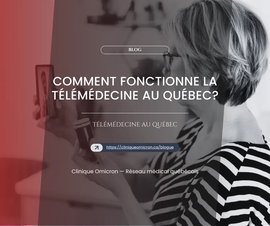 Femme utilisant un smartphone pour une consultation de télémédecine, avec texte sur le fonctionnement de la télémédecine au Québec.