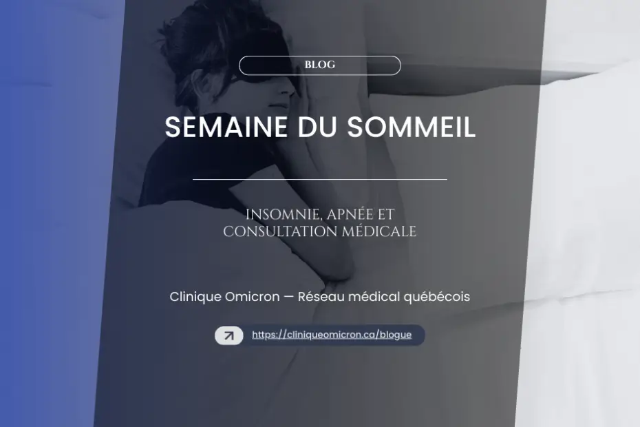 Woman holding her head, suffering from insomnia, with the text "Sleep Week" and "Insomnia, apnea, and medical consultation" on a calming background, illustrating the challenges of sleep disorders.