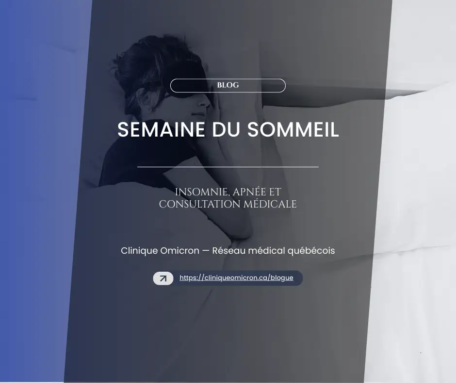 Femme se tenant la tête, souffrant d'insomnie, avec le texte "Semaine du Sommeil" et "Insomnie, apnée et consultation médicale" sur un fond apaisant, illustrant les enjeux des troubles du sommeil.