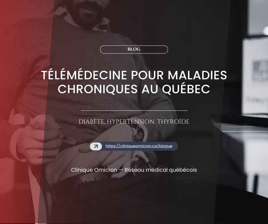 Telemedicine for chronic diseases in Quebec, man holding a pen and adjusting his shirt, Clinique Omicron.