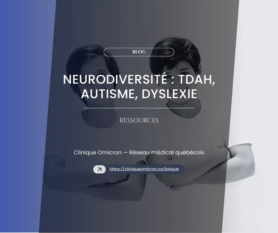 Deux jeunes hommes avec des expressions neutres, illustrant le thème de la neurodiversité, en lien avec le TDAH, l'autisme et la dyslexie, pour le blog de la Clinique Omicron.