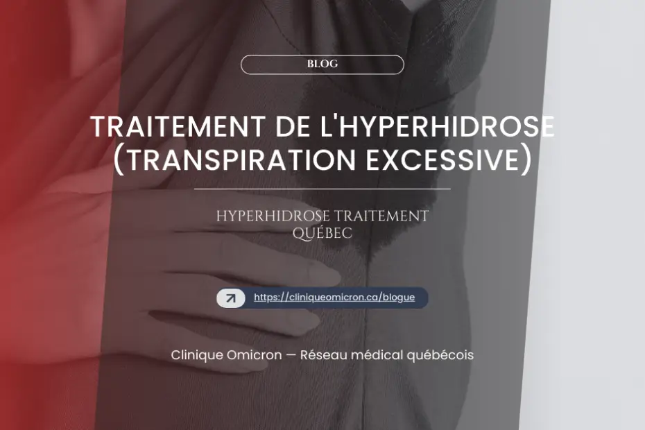 Traitement de l'hyperhidrose (transpiration excessive) avec un focus sur les solutions médicales au Québec, incluant le logo de la Clinique Omicron.