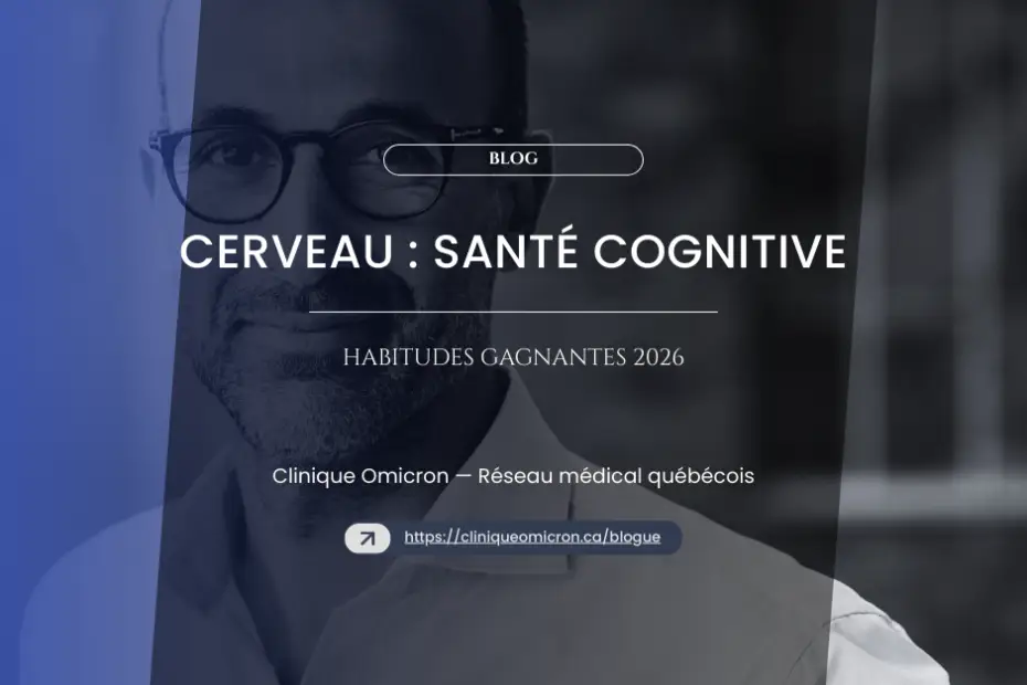Smiling man wearing glasses, with the text "Brain: Cognitive Health" superimposed, representing the Omicron Clinic and winning habits for mental health in 2026.