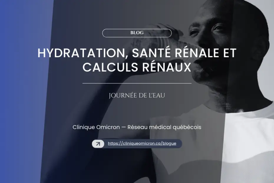 Homme buvant de l'eau, soulignant l'importance de l'hydratation pour la santé rénale et la prévention des calculs rénaux, en lien avec la Journée de l'Eau.