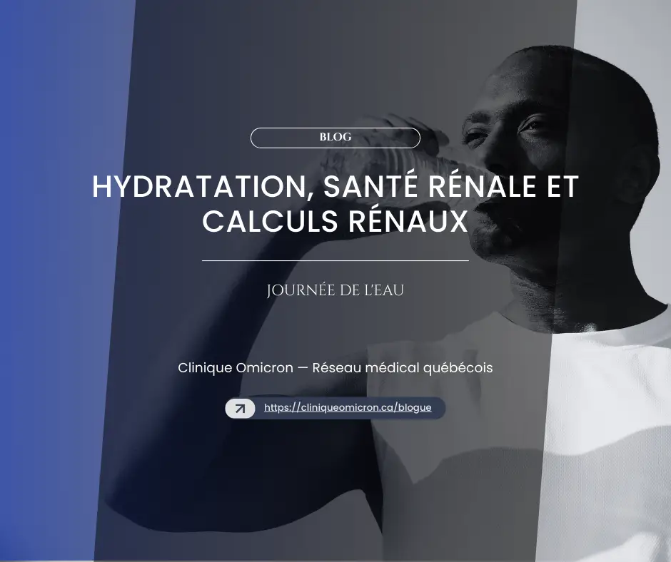Homme buvant de l'eau, soulignant l'importance de l'hydratation pour la santé rénale et la prévention des calculs rénaux, en lien avec la Journée mondiale de l'eau.