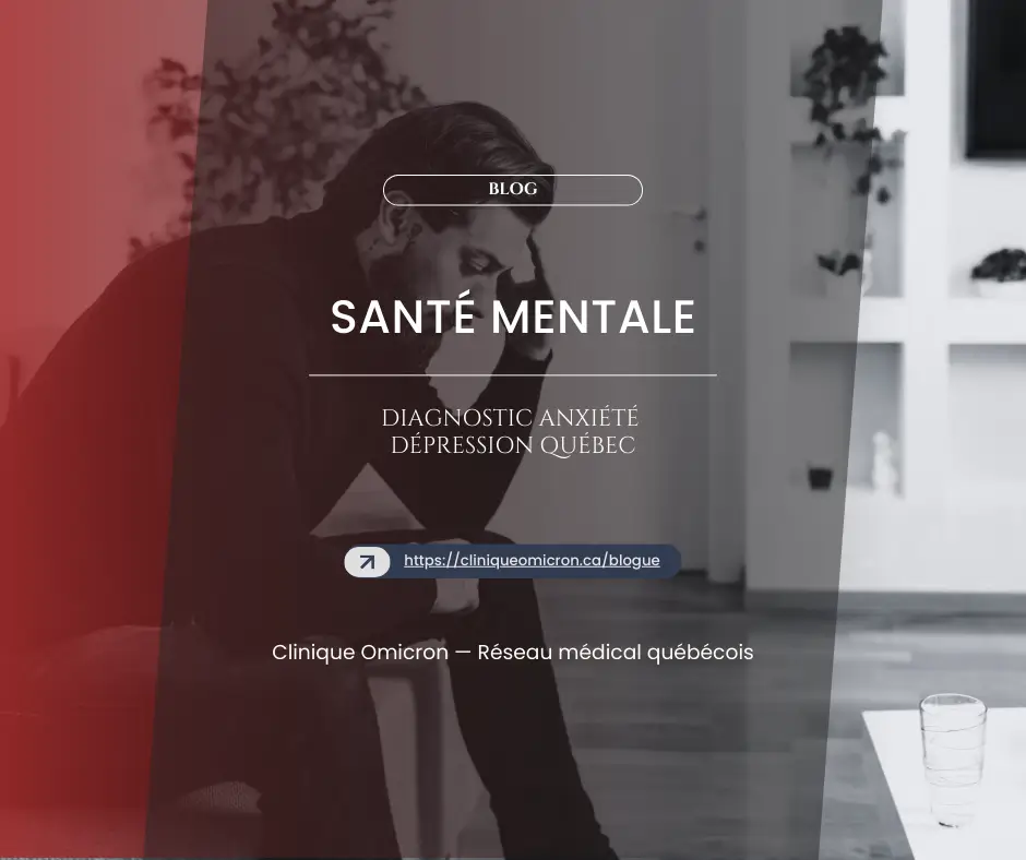 Pensive man holding his head, evoking themes of mental health and anxiety and depression diagnosis, Clinique Omicron, Quebec.