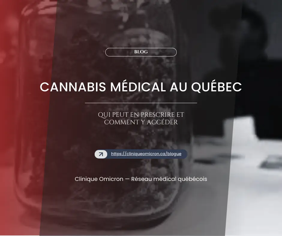 Cannabis médical au Québec, jarre de cannabis avec texte sur Clinique Omicron et accès au traitement.