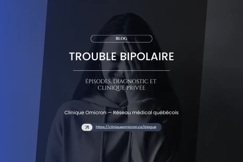 Woman holding her head, illustrating the challenges of bipolar disorder, with text on episodes and diagnosis, Clinic Omicron.