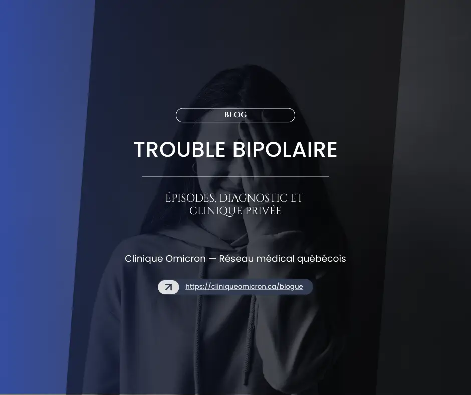 Femme tenant sa tête, illustrant les défis du trouble bipolaire, avec texte sur les épisodes et le diagnostic, Clinique Omicron.