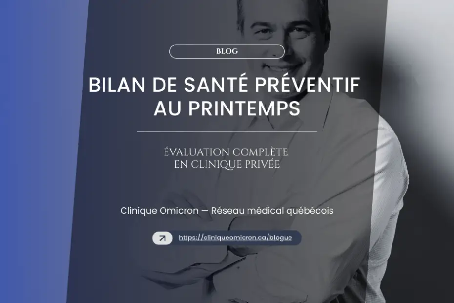 Smiling man in a white shirt, displaying the title "Preventive Spring Health Check-up" and "Complete Private Clinic Evaluation" from Clinique Omicron, a Quebec medical network.