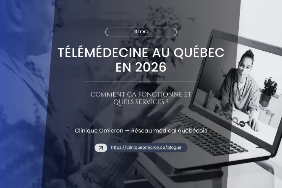 Ordinateur portable affichant une consultation vidéo en télémédecine, avec un médecin et un patient, illustrant les services de santé en ligne de la Clinique Omicron pour 2026.