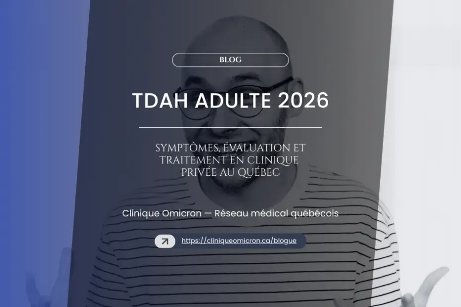 Smiling man in striped shirt discussing symptoms and treatment of adult ADHD in 2026, Omicron Clinic, medical context.