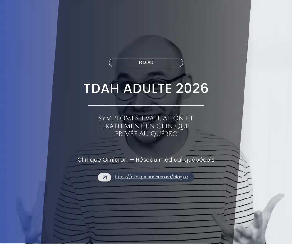 Smiling man in striped shirt discussing symptoms and treatment of adult ADHD in 2026, Omicron Clinic, medical context.