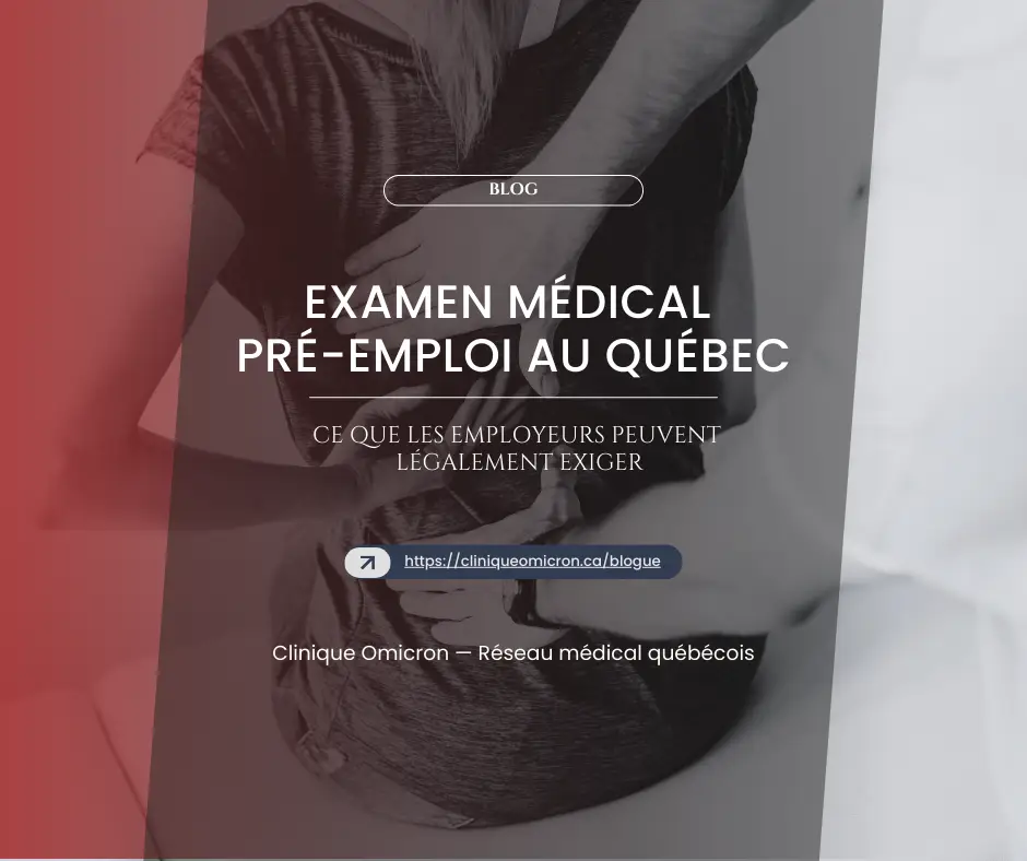 Examen médical pré-emploi au Québec avec des mains d'un professionnel de santé sur un patient, contexte de droits et obligations liés aux examens médicaux.