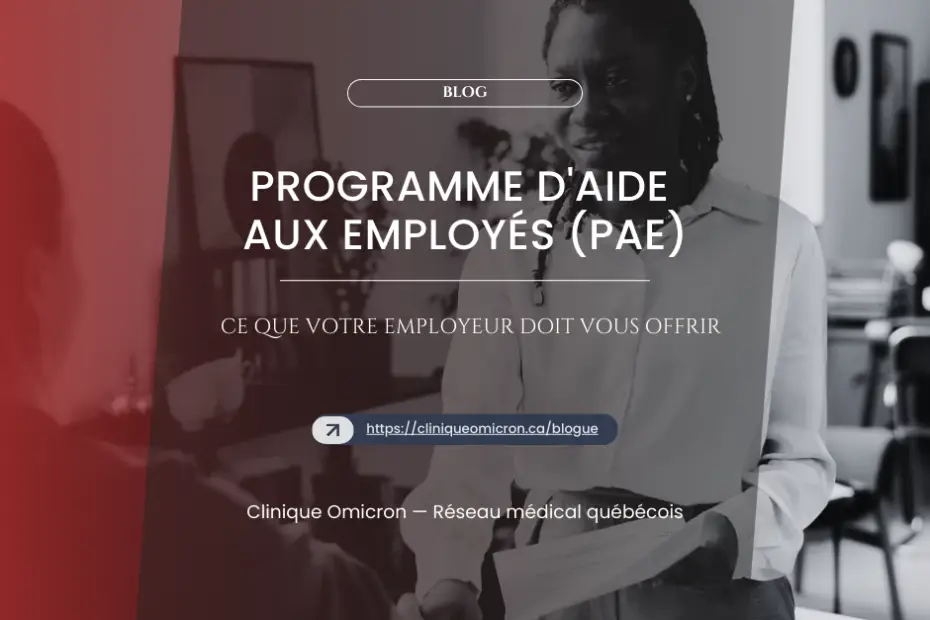 Femme souriante tenant des documents, représentant le programme d'aide aux employés (PAE) de Clinique Omicron, avec texte informatif sur les droits des employés.