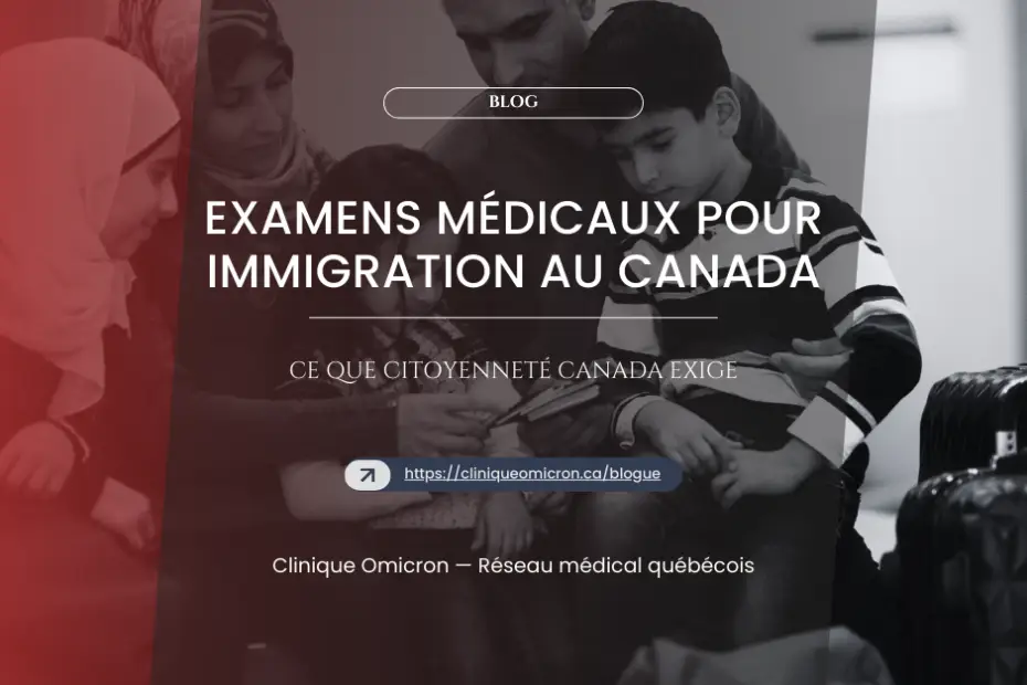 Famille réunie avec enfants, discutant des examens médicaux pour l'immigration au Canada, valises à proximité, Clinique Omicron.