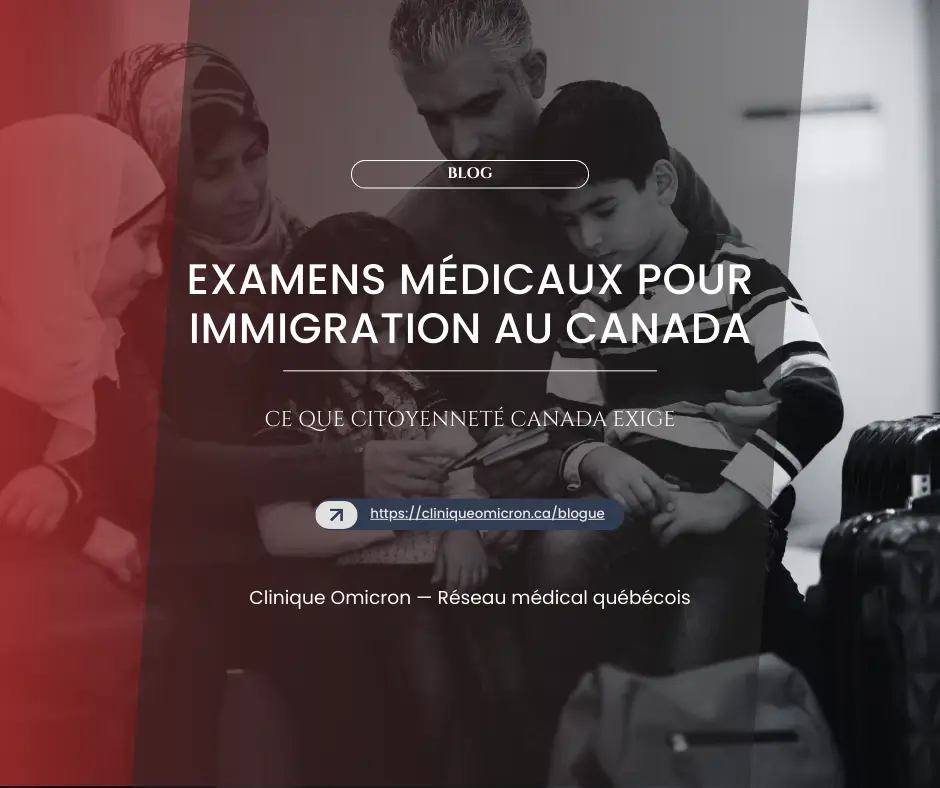 Famille réunie avec enfants, discutant des examens médicaux pour l'immigration au Canada, valises à proximité, Clinique Omicron.