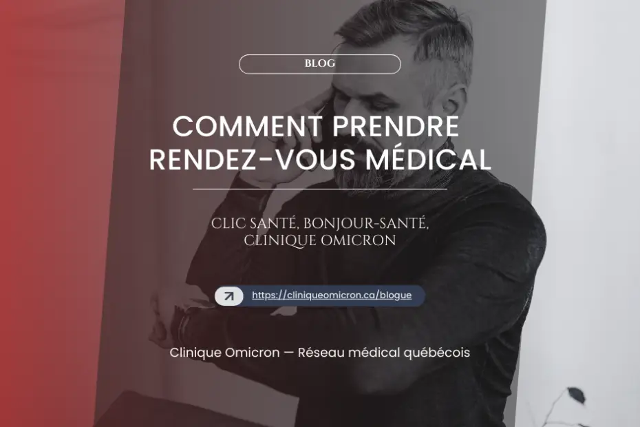 Thinking man, with the text "How to book a medical appointment" and the Clinique Omicron logo, illustrating the options for booking a medical appointment in Quebec.