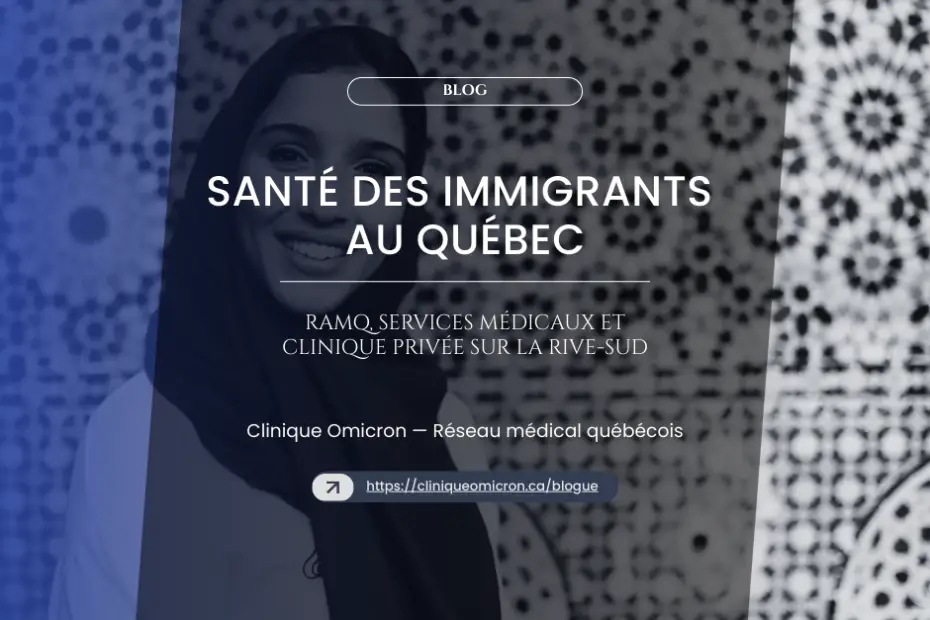 Smiling woman wearing a hijab in front of an artistic background, representing immigrant health in Quebec and the medical services of the Omicron Clinic on the South Shore.