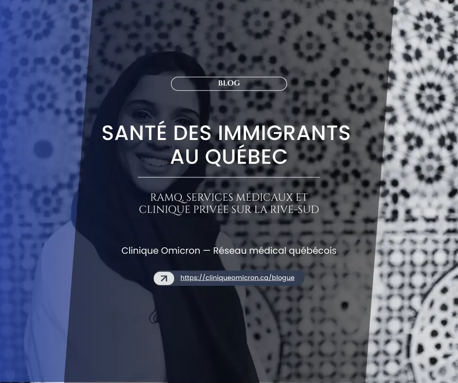 Femme souriante portant un hijab devant un fond artistique, représentant la santé des immigrants au Québec et les services médicaux de la Clinique Omicron sur la Rive-Sud.