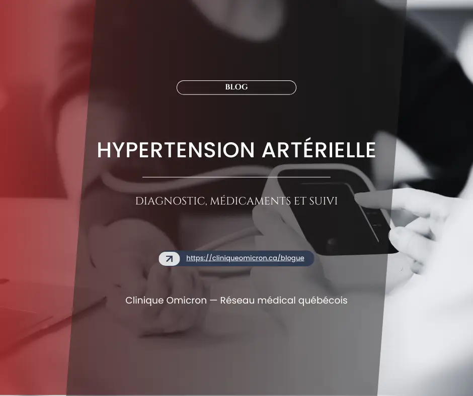 Image promoting hypertension management, featuring a person measuring blood pressure with a digital monitor, overlaid with text "High Blood Pressure" and "Diagnosis, Medication, and Monitoring," representing Clinique Omicron's focus on hypertension diagnosis and treatment.