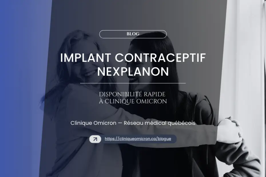 Woman and man smiling together, text about the contraceptive implant Nexplanon, Clinique Omicron, quick availability.