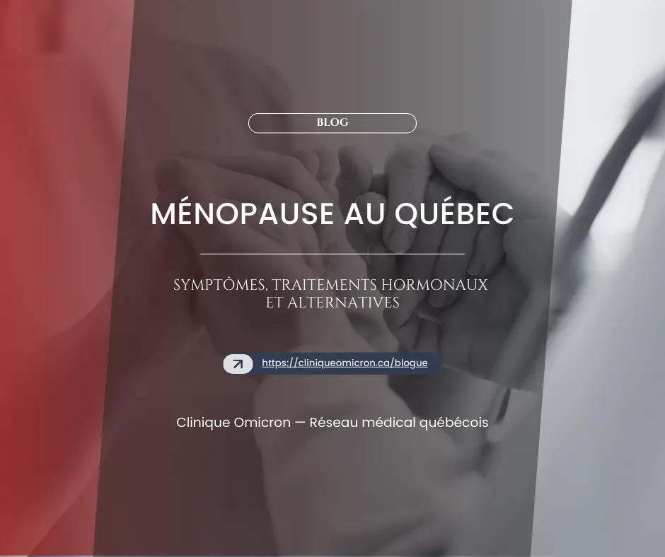 Mains entrelacées symbolisant le soutien et les consultations médicales pour la ménopause, avec texte sur les symptômes et traitements hormonaux.