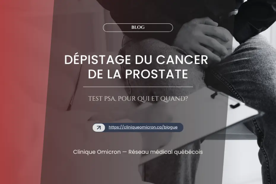 Prostate cancer screening with a man holding a tablet, text on PSA test and medical recommendations, Omicron Clinic.