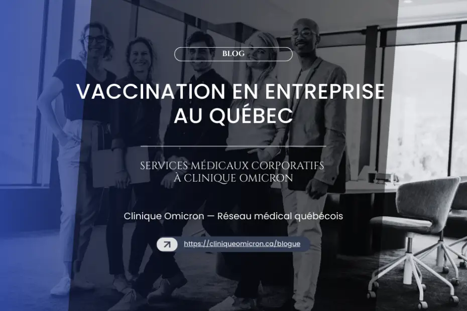 Smiling medical team discussing corporate vaccination services at Clinique Omicron, modern office, occupational health setting in Quebec.