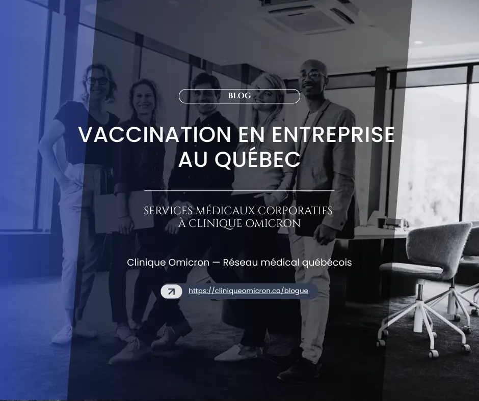 Smiling medical team discussing corporate vaccination services at Clinique Omicron, modern office, occupational health setting in Quebec.