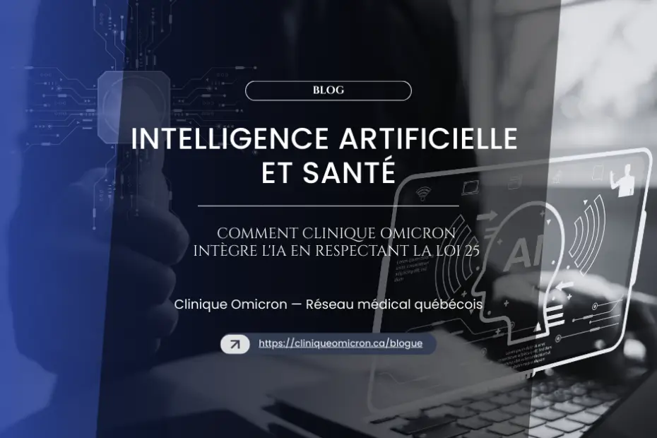 Image illustrating the integration of artificial intelligence in the healthcare sector, with a focus on Clinic Omicron, displaying digital elements and a screen showing an AI interface.