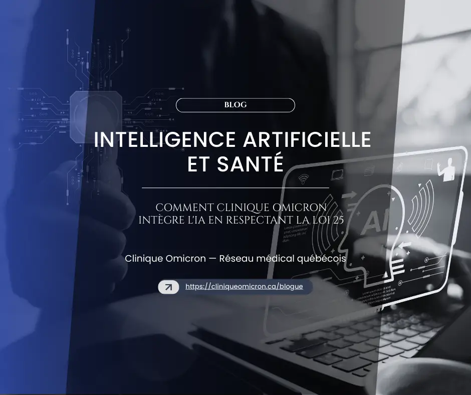 Image d'un écran d'ordinateur affichant le texte "Intelligence Artificielle et Santé" avec des graphiques numériques, symbolisant l'intégration de l'IA dans les services de santé de la Clinique Omicron en conformité avec la loi 25.
