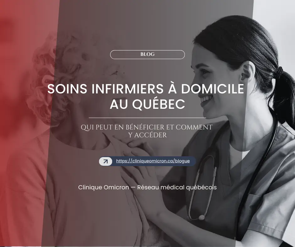 Infirmière souriante offrant des soins à domicile à une patiente âgée, mettant en avant les services de soins infirmiers au Québec par la Clinique Omicron.
