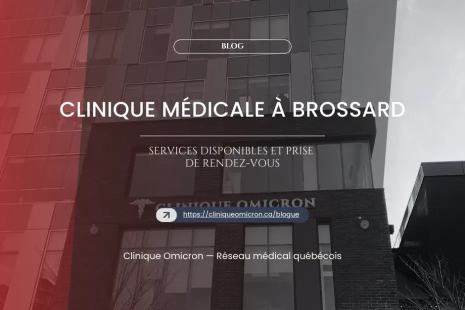Clinique Omicron à Brossard, façade du bâtiment avec texte sur services disponibles et prise de rendez-vous.