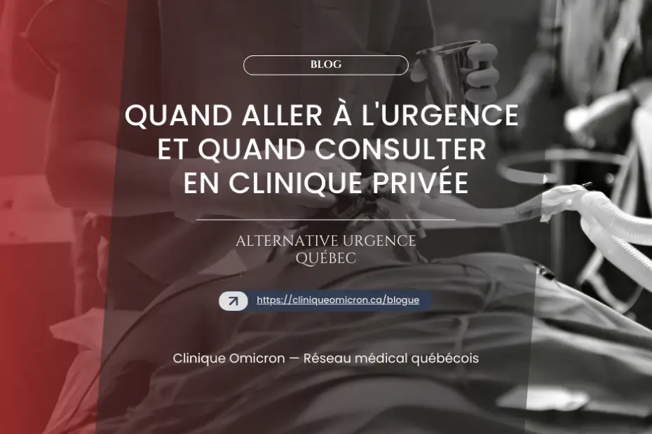 Image promoting Clinique Omicron's blog on when to seek emergency care versus private clinic consultations, featuring a patient in a medical setting holding a drink and medical equipment in the background.