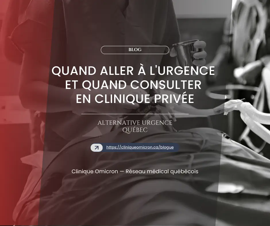 Image promoting Clinique Omicron's blog on when to seek emergency care versus private clinic consultations, featuring a patient in a medical setting holding a drink and medical equipment in the background.