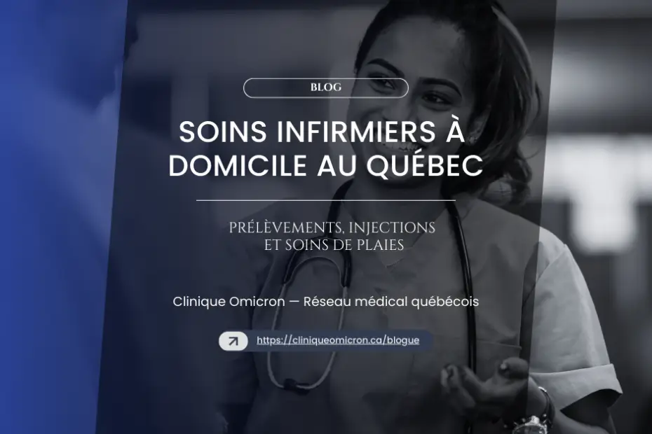 Infirmière souriante tenant un stéthoscope, illustrant les soins infirmiers à domicile au Québec, avec le logo de la Clinique Omicron.