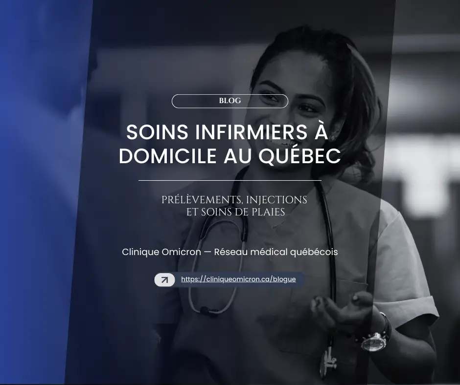 Infirmière souriante discutant avec un patient, illustrant les soins infirmiers à domicile offerts par la Clinique Omicron au Québec, incluant prélèvements, injections et soins de plaies.