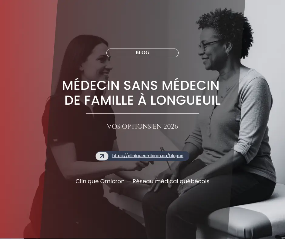 Smiling woman in a medical consultation with a healthcare professional at Clinique Omicron, illustrating doctor-less care options in Longueuil in 2026.
