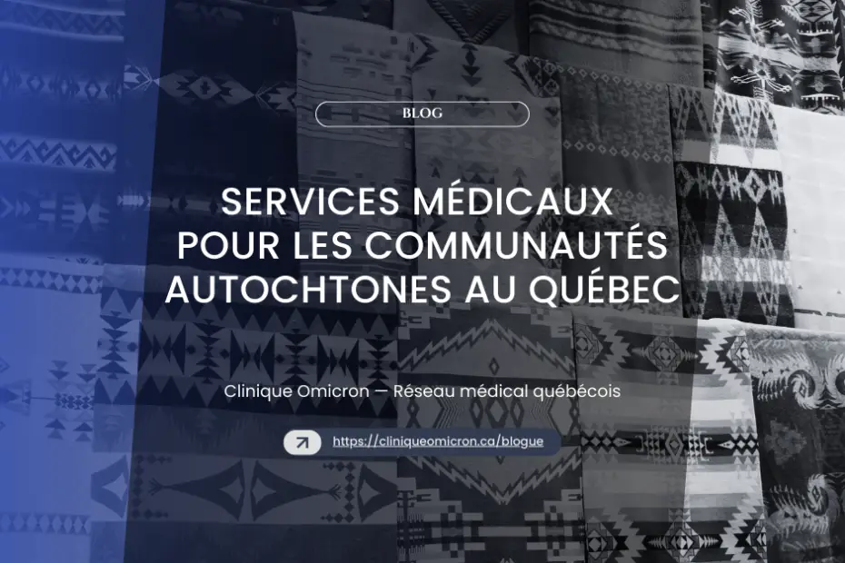 Services médicaux pour les communautés autochtones au Québec, Clinique Omicron, motifs traditionnels en arrière-plan.
