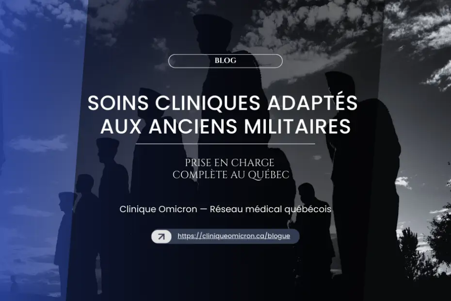 Soins cliniques adaptés aux anciens militaires avec silhouettes de soldats, Clinique Omicron, prise en charge complète au Québec.