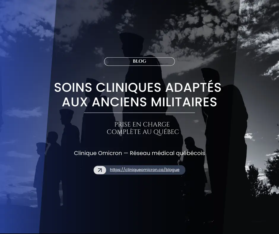 Silhouettes of military personnel in the background with text about clinical care tailored to veterans, Clinique Omicron, care in Quebec.