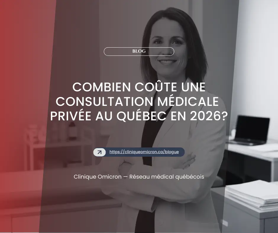 Smiling woman in a white coat, in front of a medical office, with the text "How much does a private medical consultation cost in Quebec in 2026?" and the Omicron Clinic logo.