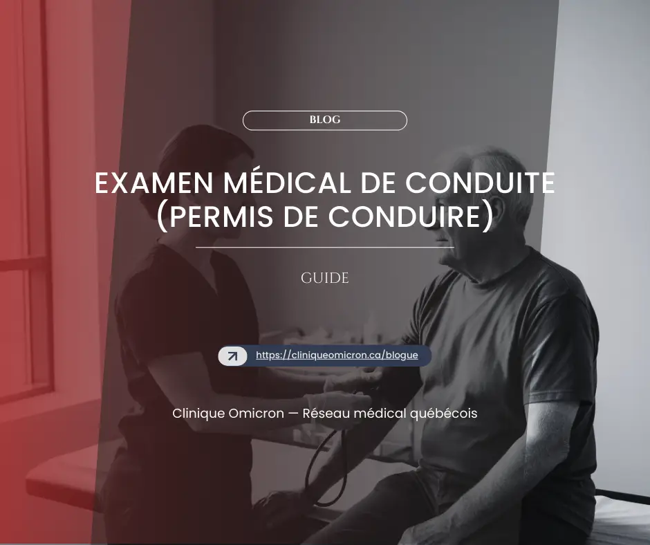 Examen médical de conduite à la Clinique Omicron, médecin examinant un patient âgé pour le permis de conduire au Québec.